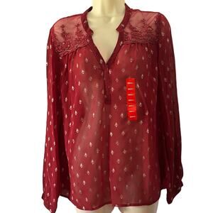 Bila Boho Berry Red with Gold Metallic Print Beaded Blouse